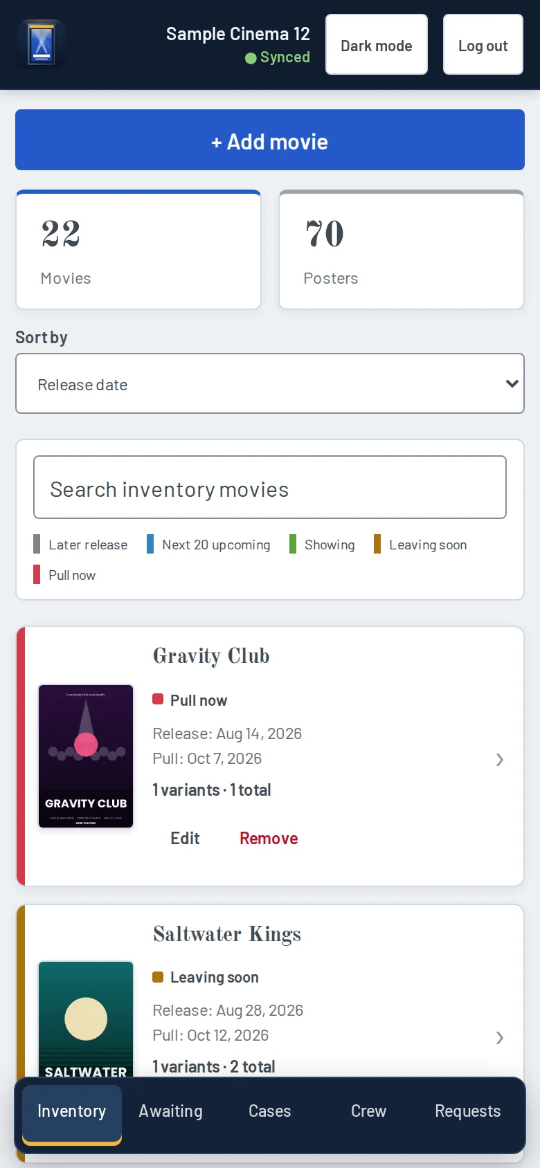 BlueTMM's inventory screen on a phone in light mode, with tabs along the bottom.